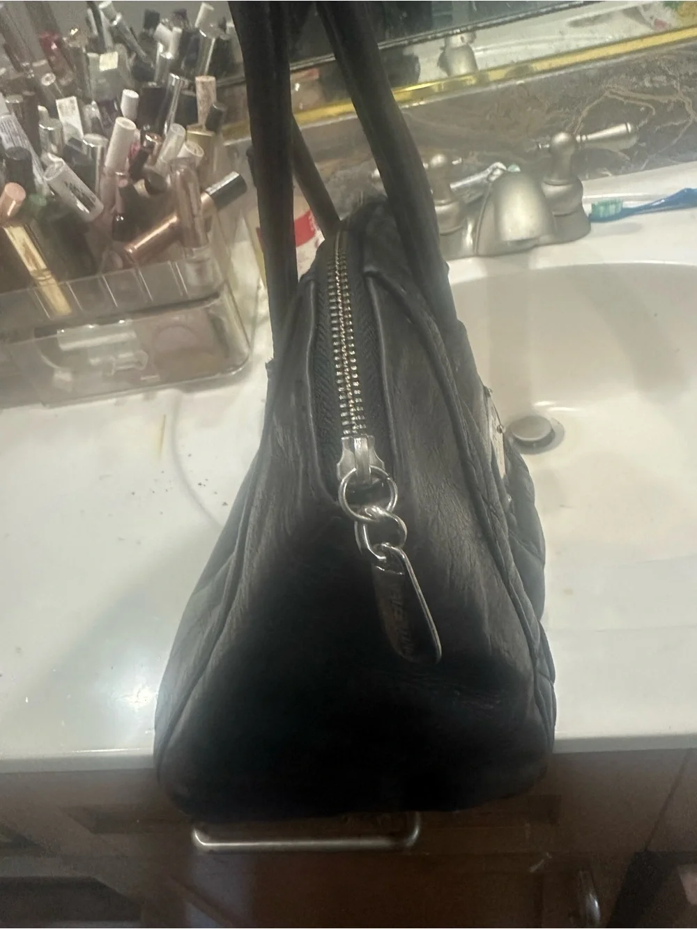 Valentino Black Quilted Leather Satchel with Logo Plate